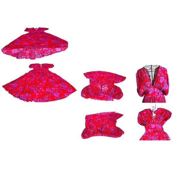 Band of Gypsies Hi Low Dress Small Red Pink Flowers Stretch Waist Festive READ - Picture 8 of 12